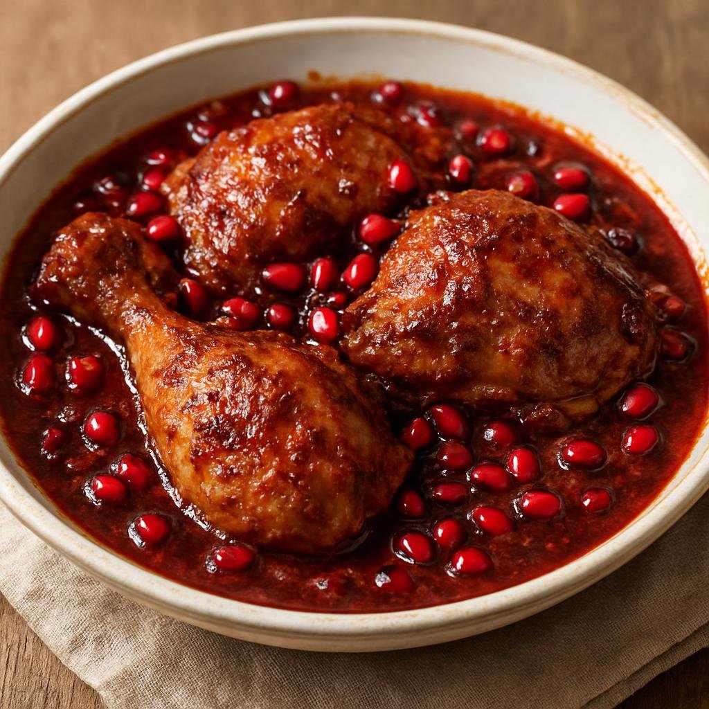 Entree: Palestine – Southern Culinary Region – رمانية ➤ Rummaniyya (Chicken stew braised in a sweet-tart pomegranate and sumac sauce) recipe