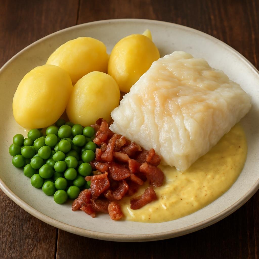 Entree: Svalbard and Jan Mayen – Southern Culinary Region – Lutefisk (Rehydrated, lye-cured whitefish gently cooked until tender and served with mustard sauce, potatoes, peas and bacon) recipe
