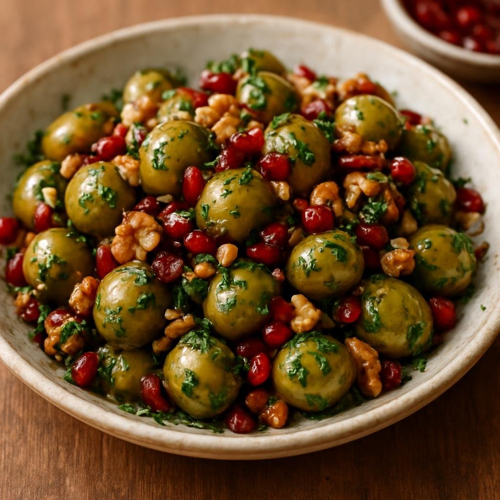 Entree: Iran – Caspian / Gilan – زیتون پرورده ➤ Zeytoon Parvardeh (Gilan-style marinated olives tossed with pomegranate, walnuts, garlic, and fresh herbs) recipe