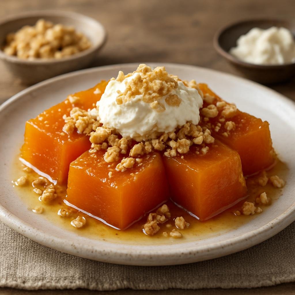 Entree: Turkey – Black Sea Turkey – Kabak Tatlısı (Candied pumpkin slow-cooked with sugar and served with crushed walnuts and clotted cream) recipe