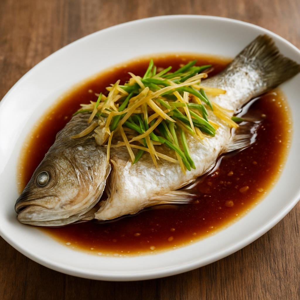 Entree: Malaysia – Malaysian Chinese – 薑蔥豉油蒸魚 ➤ Jiang cong chi you zheng yu (Whole steamed white fish topped with ginger and scallions and finished with a hot soy-and-oil dressing) recipe