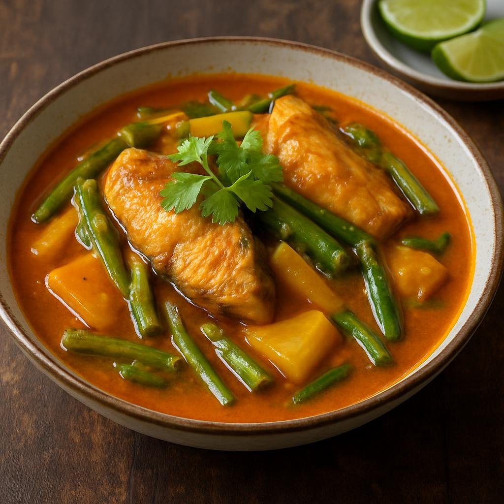 Entree: Thailand – Coastal Thai Seafood – แกงส้มปลา ➤ Gaeng Som Pla (Tangy Thai sour fish curry made with tamarind, turmeric and coastal vegetables) recipe