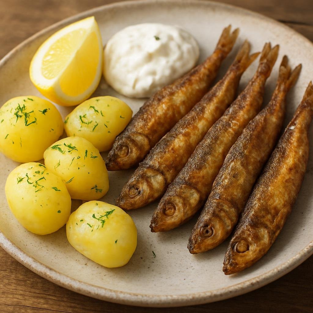 Entree: Finland – Karelia – Muikku (Small whole lake vendace fried until crisp, traditionally served with boiled potatoes and a tangy cream or lemon) recipe
