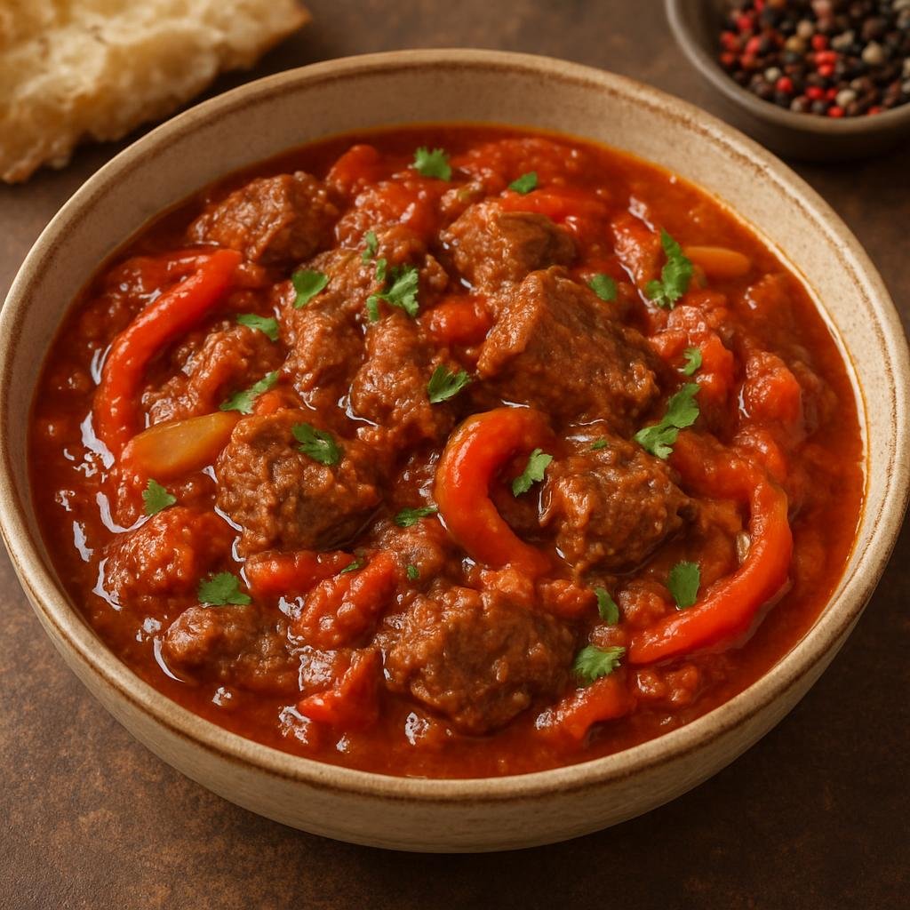 Entree: Georgia – Kakheti – ჩაშუშული ➤ Chashushuli (A hearty Georgian tomato-and-wine beef stew with onions, bell pepper, and traditional spices) recipe