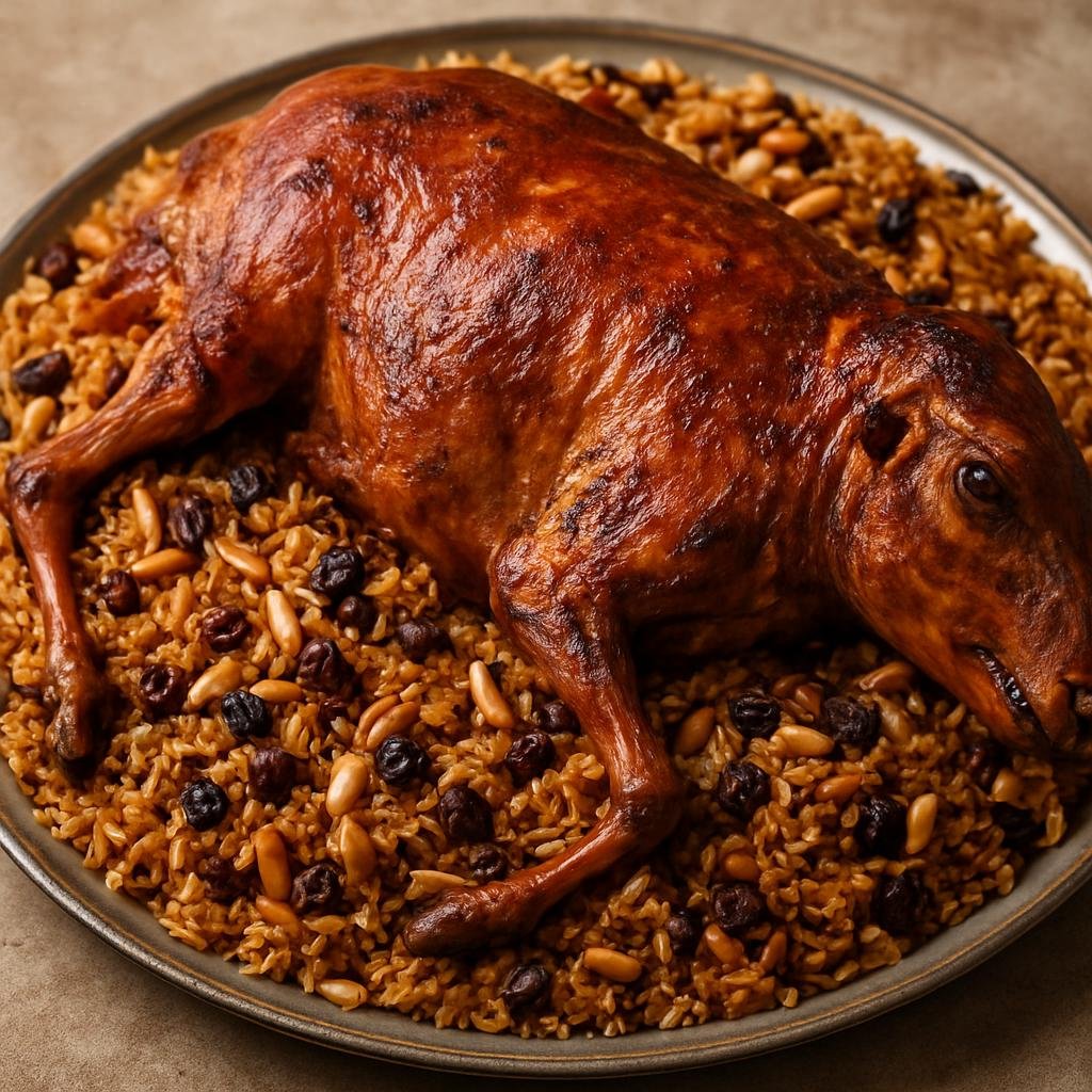 Entree: Iraq – Kurdish Iraq – قوزی کوردی ➤ Quzi Kurdi (Whole roasted stuffed lamb with spiced rice, nuts, and raisins) recipe