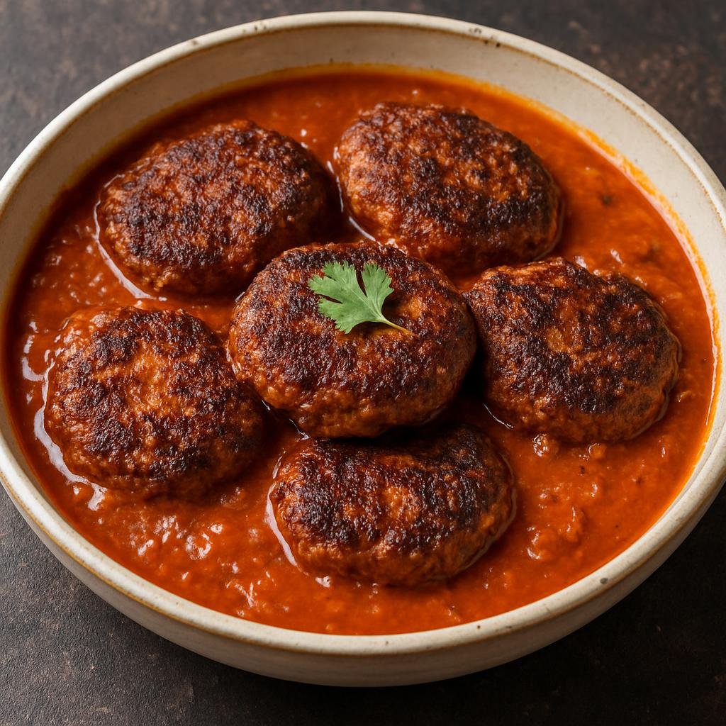 Entree: Nepal – Newari Cuisine – Swan Puka (Newari-style spiced pan-fried meat patties simmered in a tangy mustard-tomato gravy) recipe