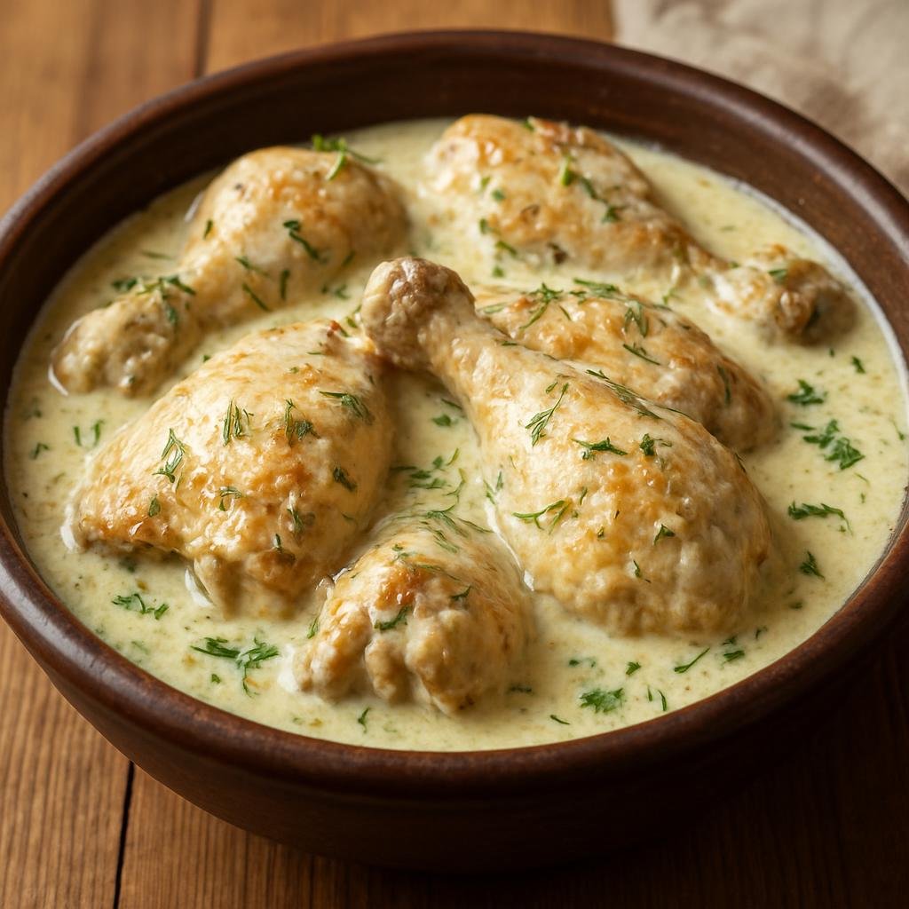 Entree: Romania – Moldavia – Pui cu Smântână (Chicken braised in a creamy sour cream sauce) recipe