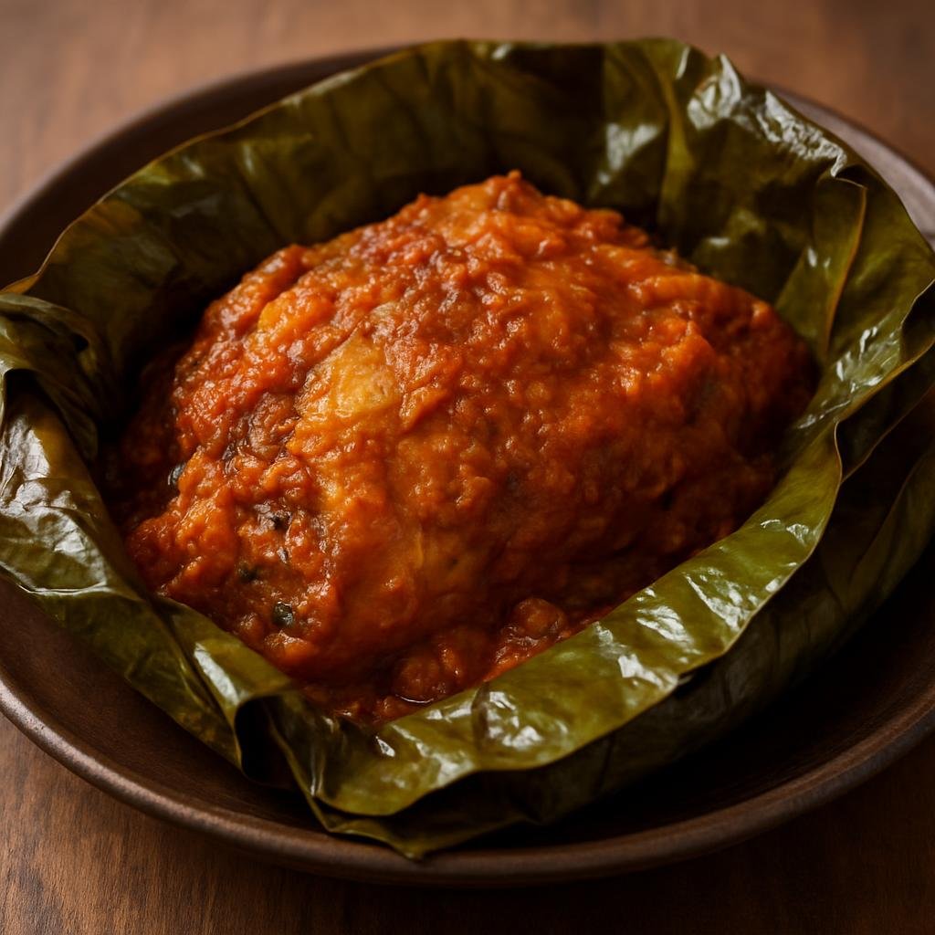 Entree: Democratic Republic of the Congo – Northern Culinary Region – Maboke (Fish or meat seasoned in a rich tomato and palm-oil sauce, wrapped and steamed in banana leaves) recipe