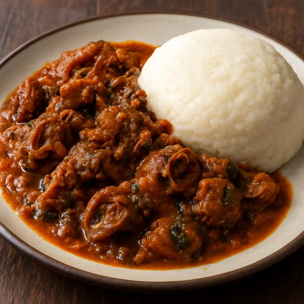 Entree: Eswatini – Northern Culinary Region – Inhloko (Stewed and seasoned cow head meat traditionally served with a maize porridge or pap) recipe