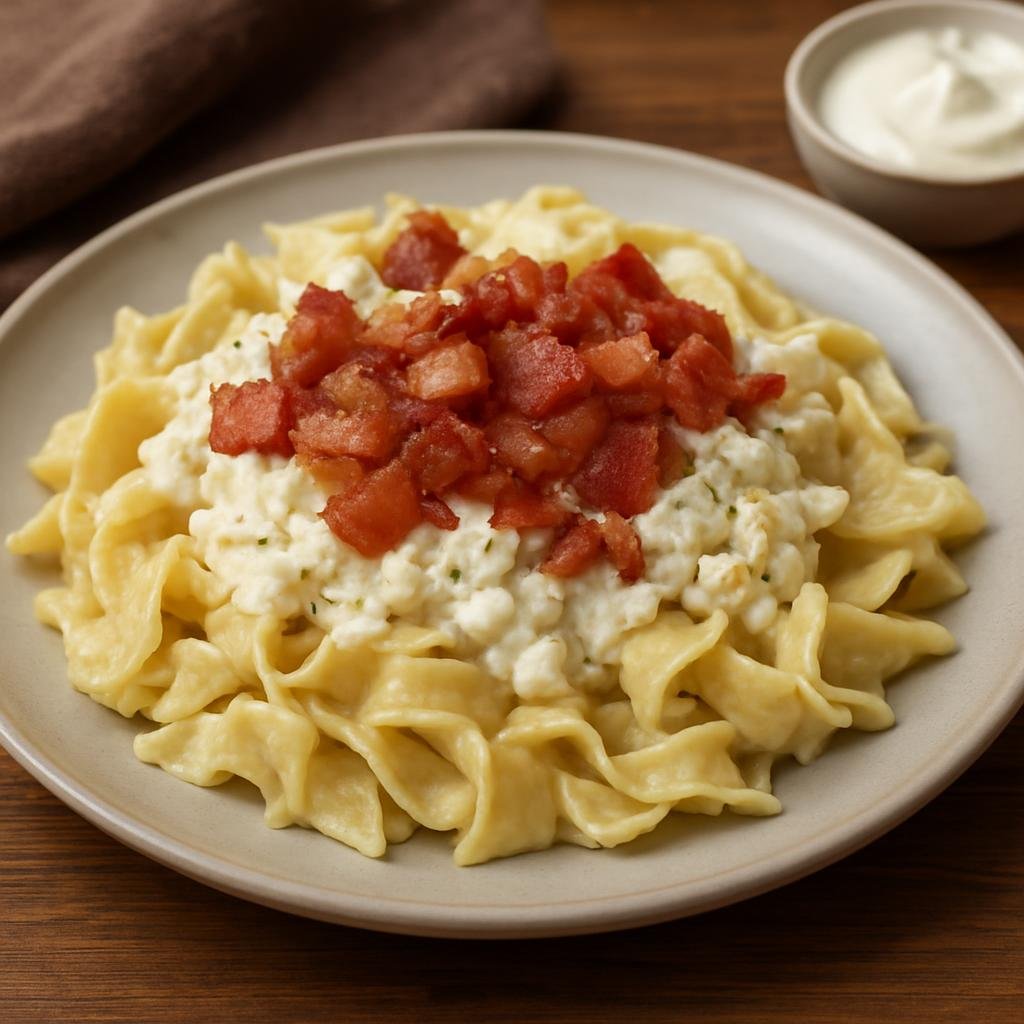 Entree: Hungary – Northern Hungary – Túrós csusza (Hungarian flat egg noodles mixed with curd cheese, sour cream and crispy bacon) recipe