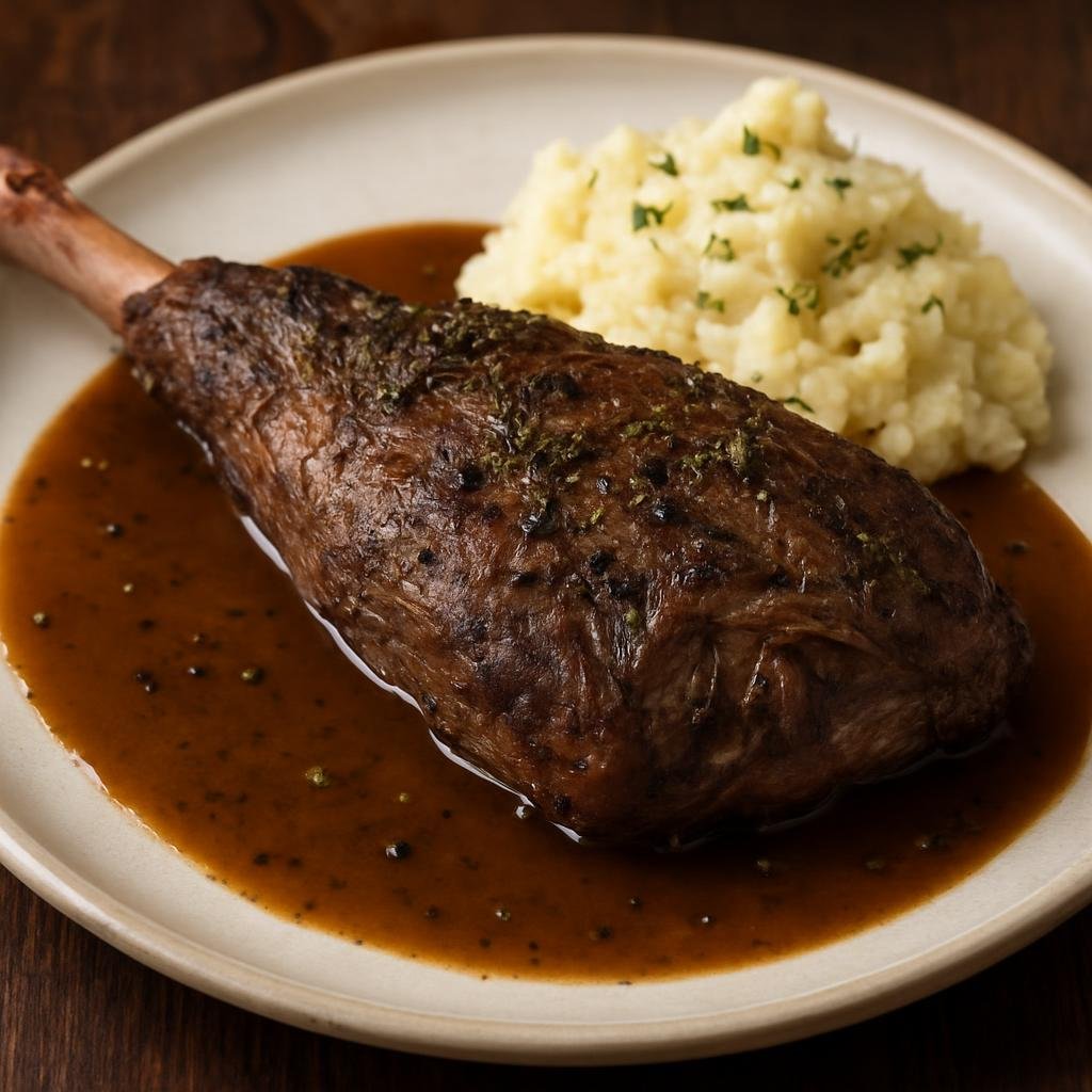 Entree: Norway – Oslo & Eastern Norway – Reinsdyrstek (Roasted reindeer leg seasoned with juniper and herbs, served with a rich pan gravy) recipe