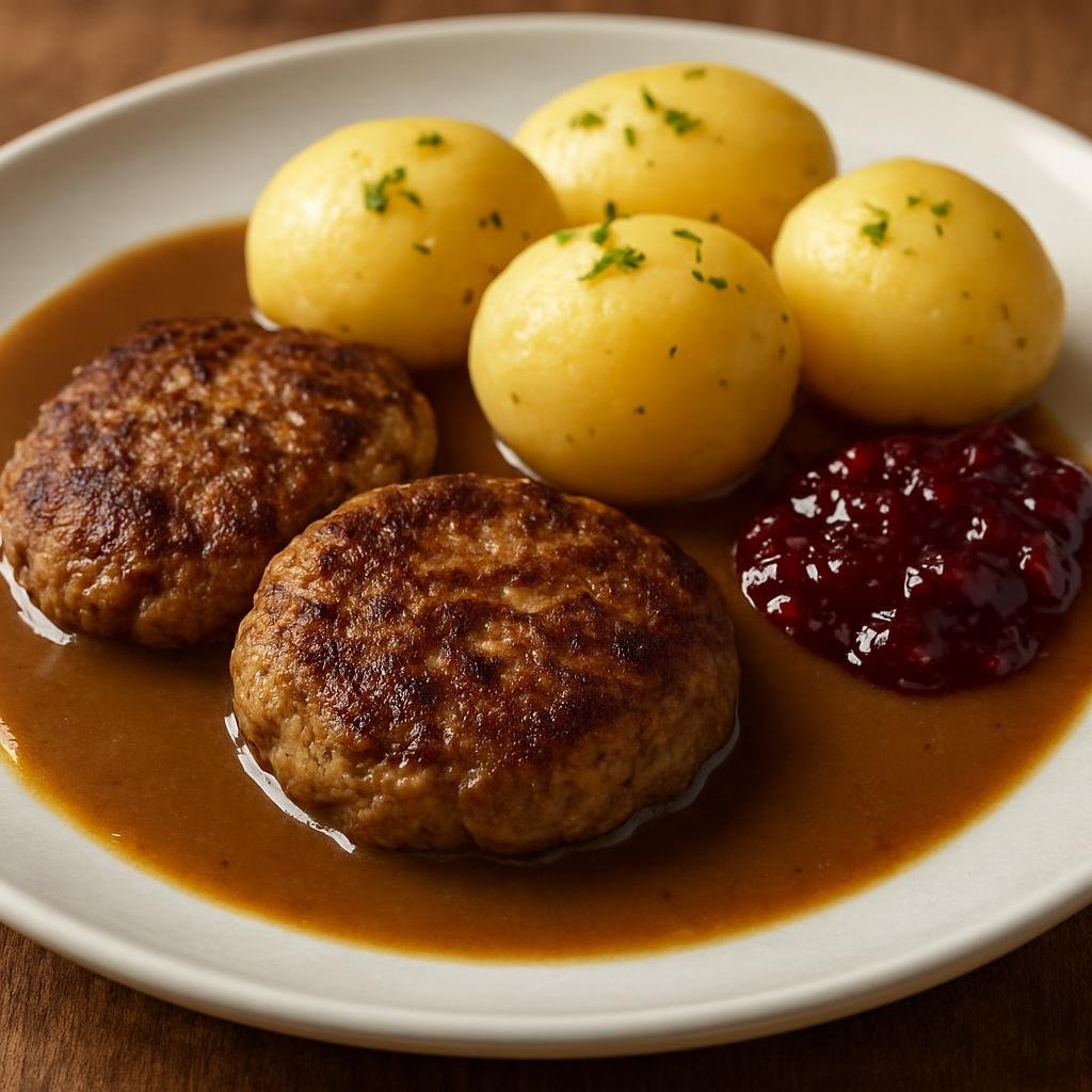 Entree: Svalbard and Jan Mayen – Southern Culinary Region – Kjøttkaker (Norwegian Meatballs) (Pan-fried seasoned meat patties served with brown gravy, boiled potatoes, and lingonberry jam) recipe