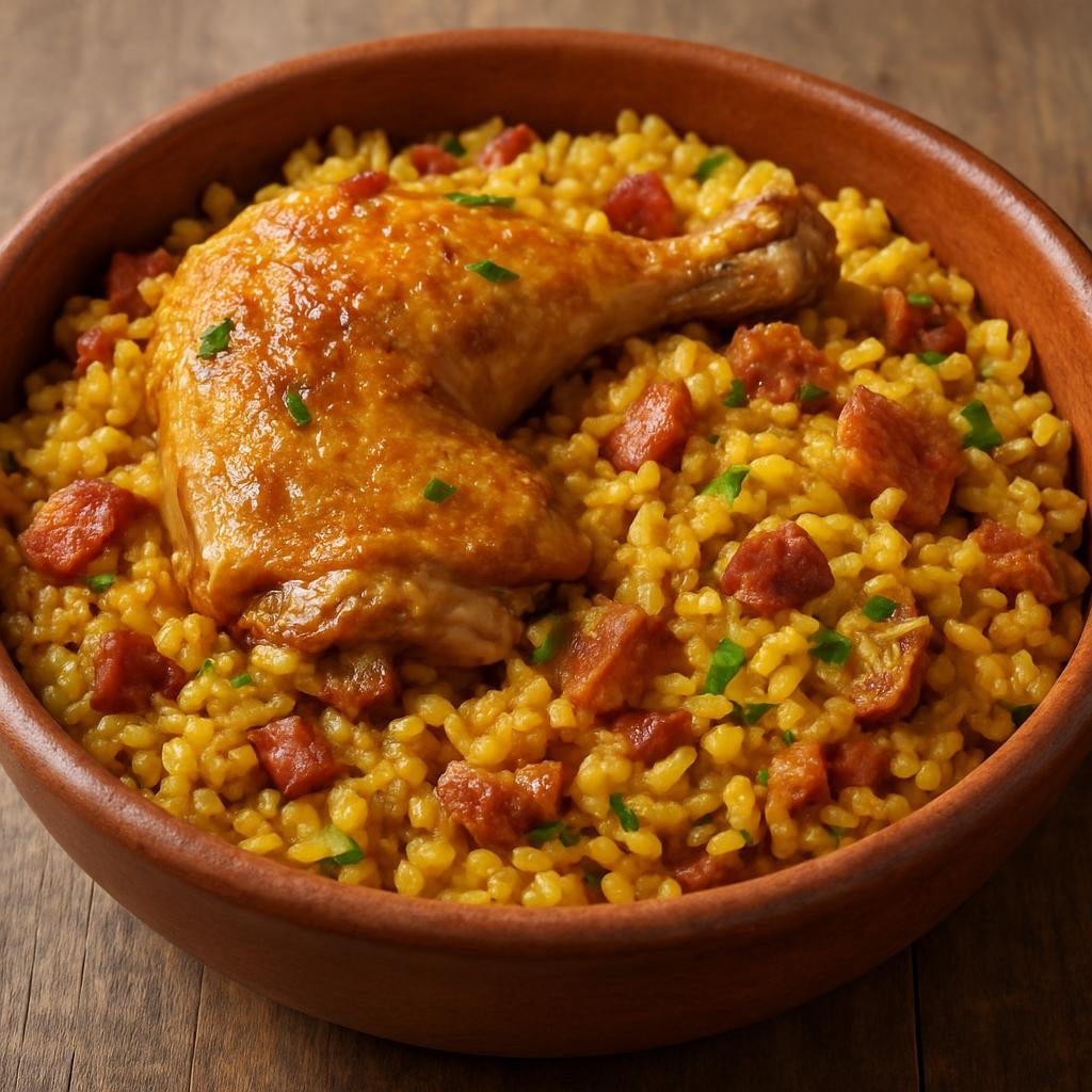 Entree: Spain – Asturias – Arroz con Pitu (Asturian rice cooked with free-range chicken and cured pork for a savory, saffron-scented one-pot meal) recipe
