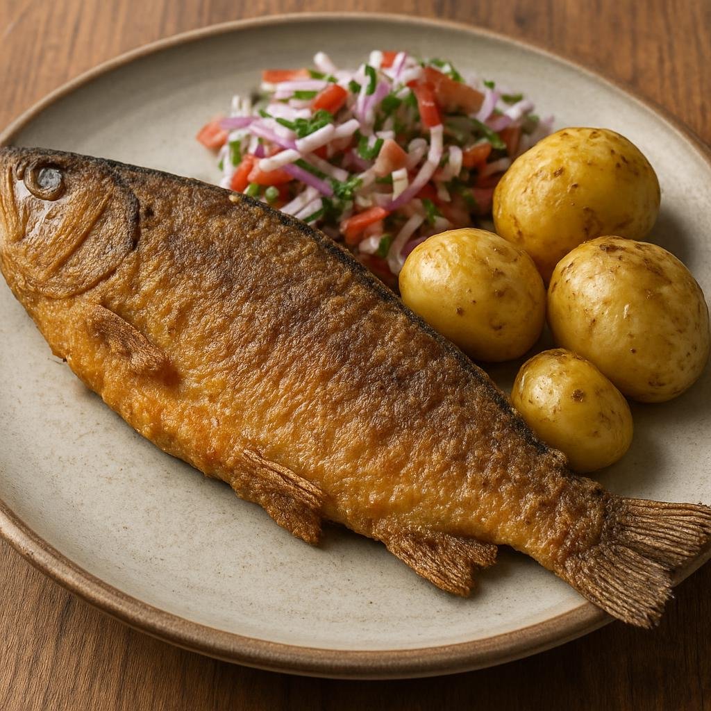 Entree: Peru – Andean Highlands – Trucha Frita (Pan-fried trout with a crisp flour crust served with Andean potatoes and a fresh onion-lime salsa) recipe