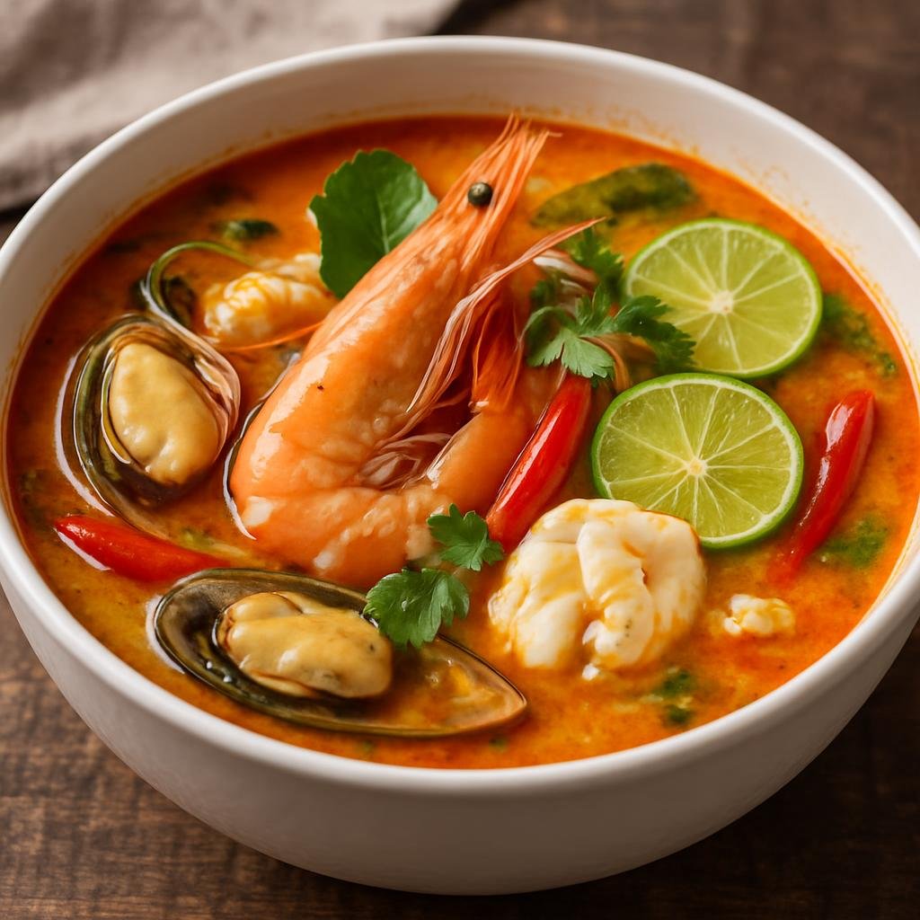 Entree: Thailand – Coastal Thai Seafood – ต้มยำทะเล ➤ Tom yum talay (Hot and sour Thai soup with mixed seafood, aromatic herbs, and chili-lime broth) recipe