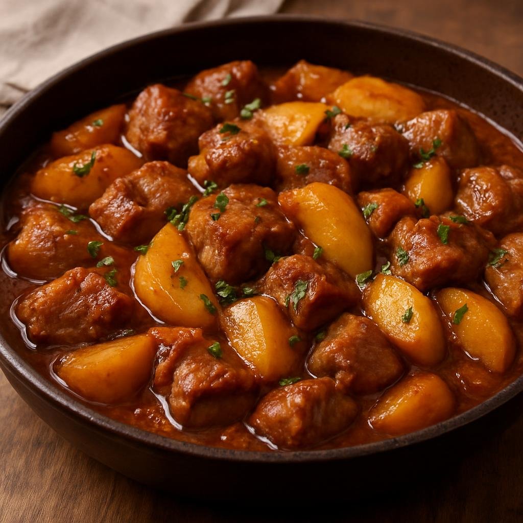 Entree: Ireland – Irish Pub Classics – Pork and Apple Casserole (Slow-braised pork with apples in a savory-sweet casserole typical of Irish pubs) recipe