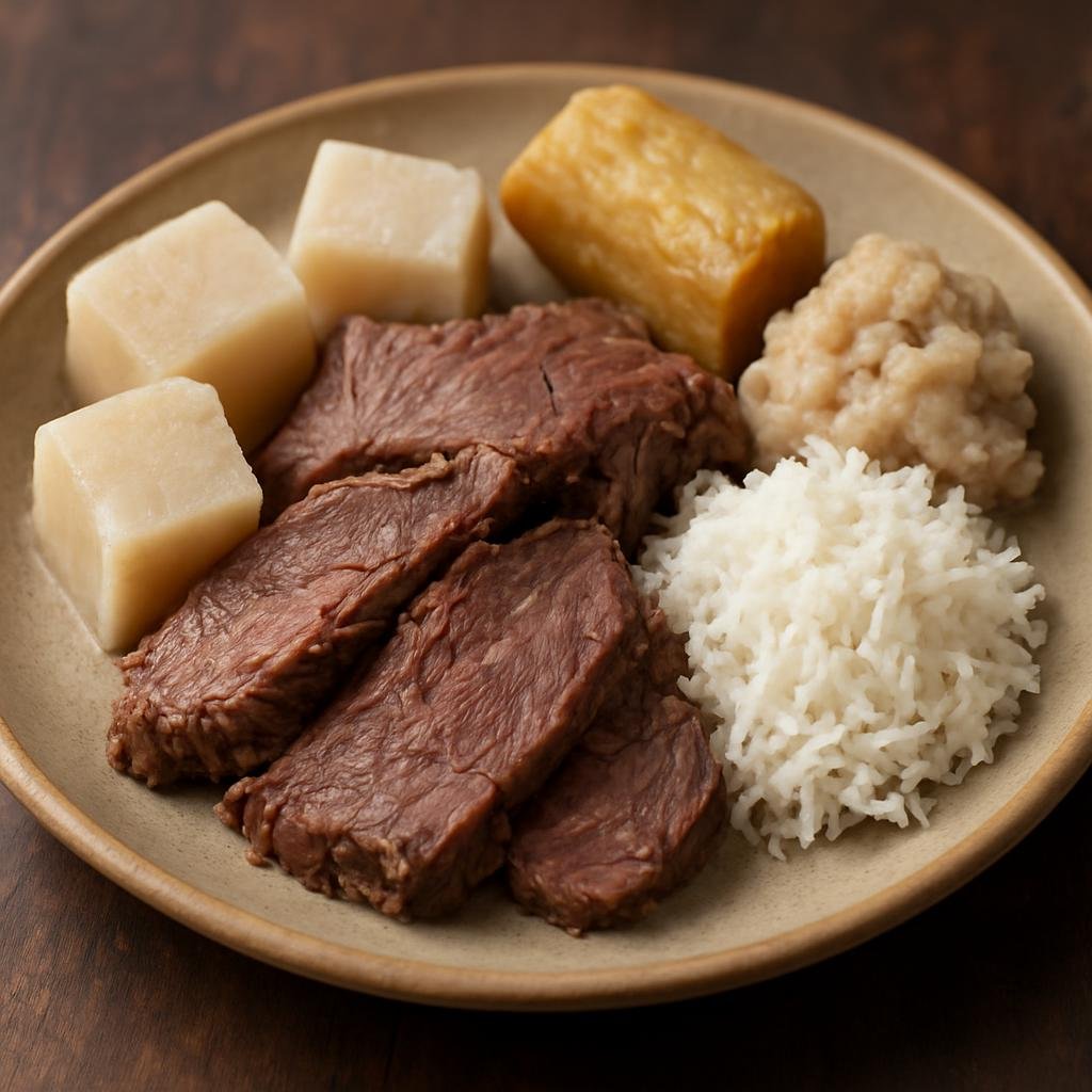Entree: American Samoa – Northern Culinary Region – Povi Masima (Salt-cured boiled beef traditionally served with taro or other root vegetables and coconut) recipe