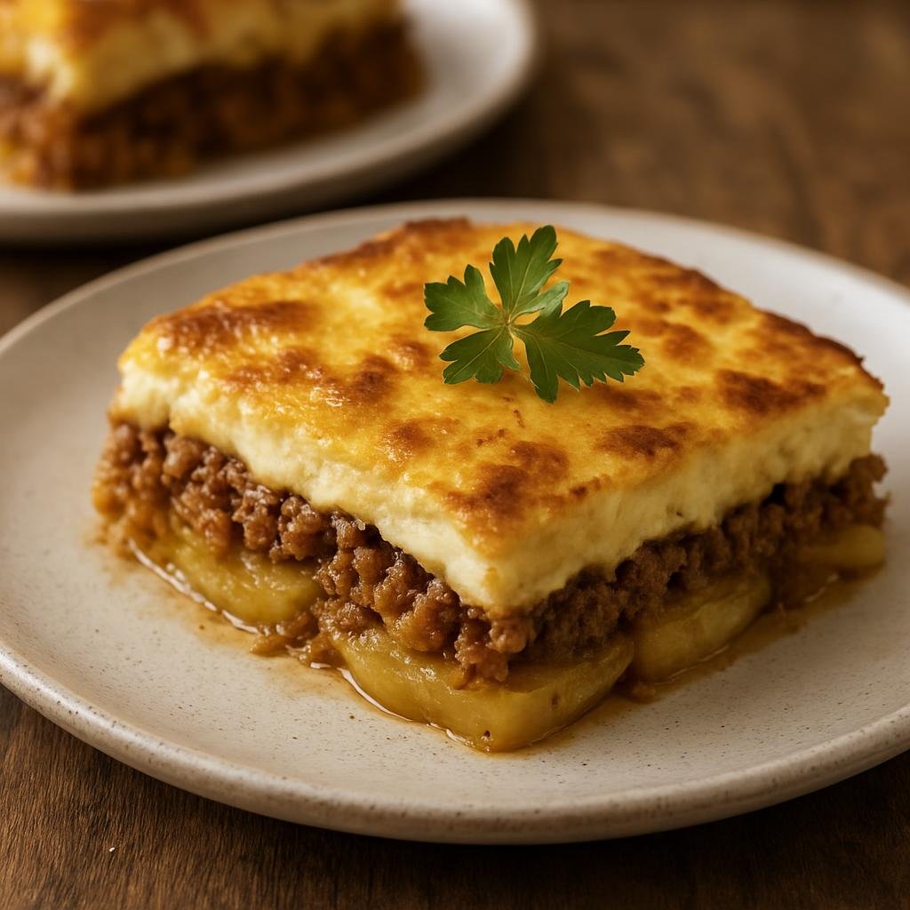 Entree: Bosnia and Herzegovina – Northern Culinary Region – Musaka (Baked layered casserole of sliced potatoes and seasoned minced meat finished with an egg-yogurt custard) recipe