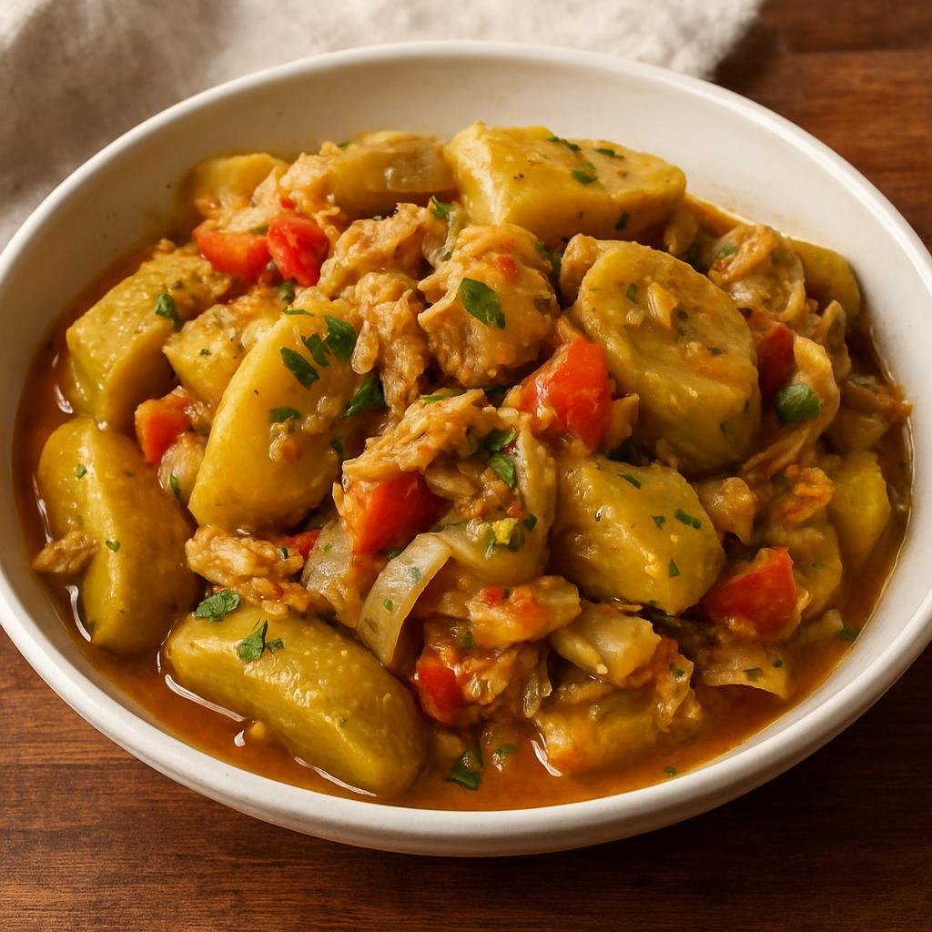 Entree: Dominica – Northern Culinary Region – Green Banana and Saltfish (Stewed unripe green bananas cooked with salted cod, vegetables, and island seasonings) recipe