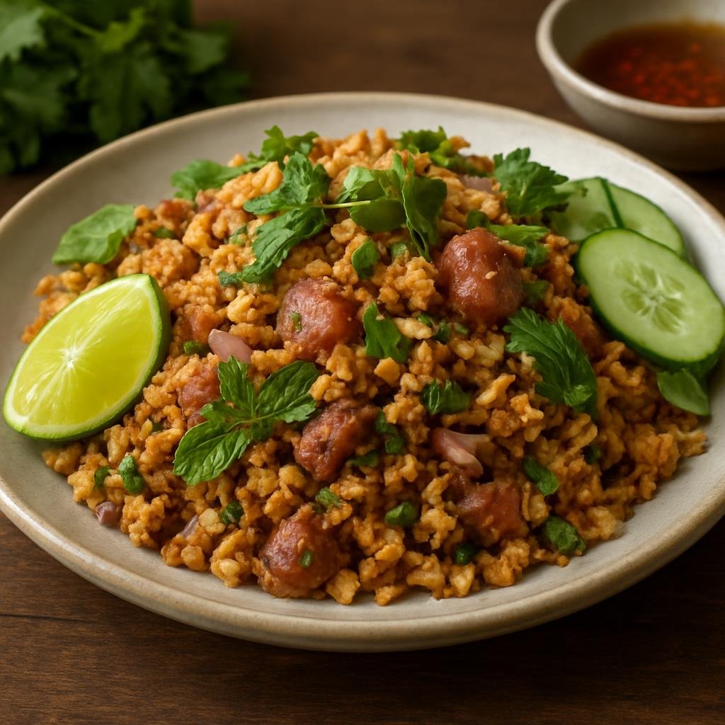 Entree: Laos – Southern Laos – ນ້ຳເຂົ້າ ➤ Nam Khao (Crispy fried-rice salad with fermented pork, herbs, and lime) recipe