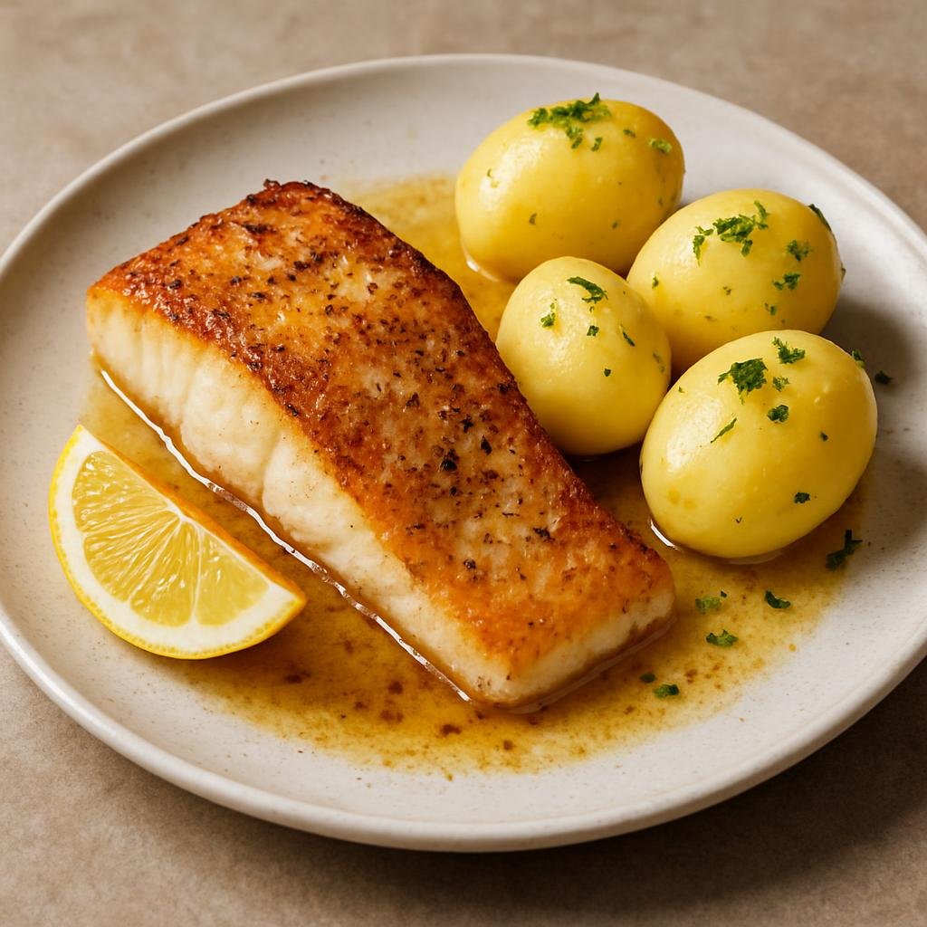 Entree: Norway – Oslo & Eastern Norway – Kveite (Pan-roasted halibut fillets served with browned butter, lemon, and boiled potatoes) recipe