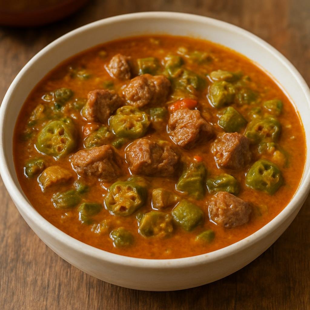 Entree: Senegal – Northern Senegal – Soupe Kandia (Hearty West African okra and beef stew thickened by cooked okra and flavored with palm oil and tomatoes) recipe