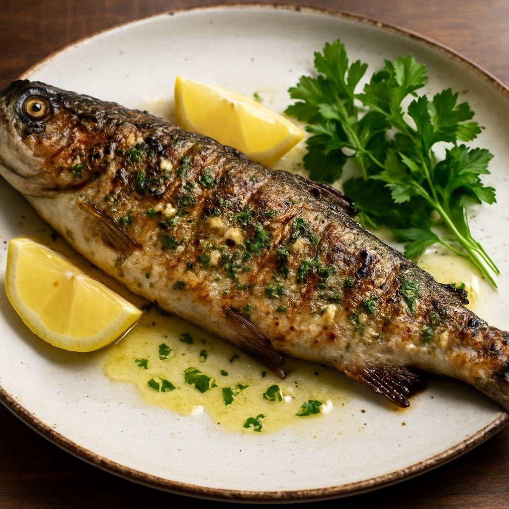Entree: Montenegro – Southern Culinary Region – Pastrmka na Žaru (Charcoal-grilled whole trout seasoned with garlic, lemon, olive oil, and fresh herbs) recipe