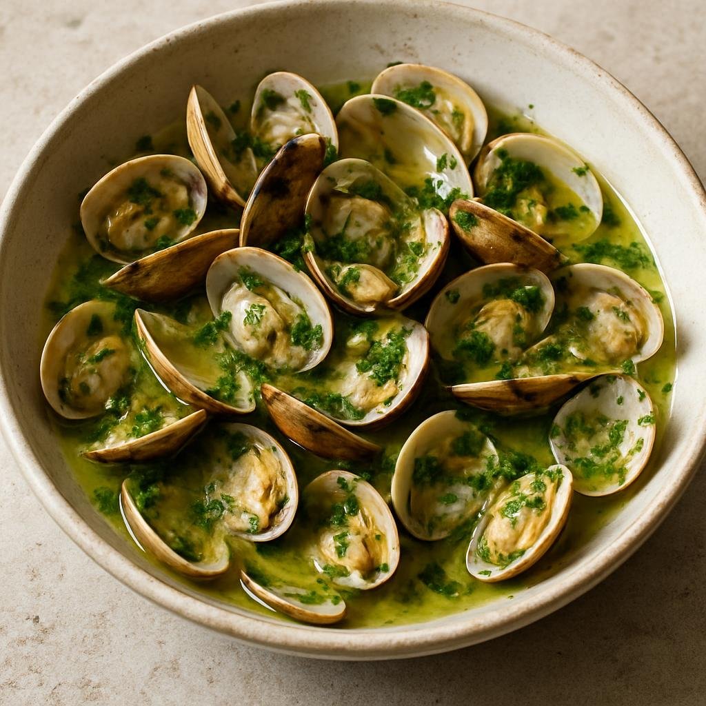 Entree: Mozambique – Southern Culinary Region – Amêijoas à Bulhão Pato (Clams cooked in a garlicky white wine, olive oil, and cilantro sauce) recipe
