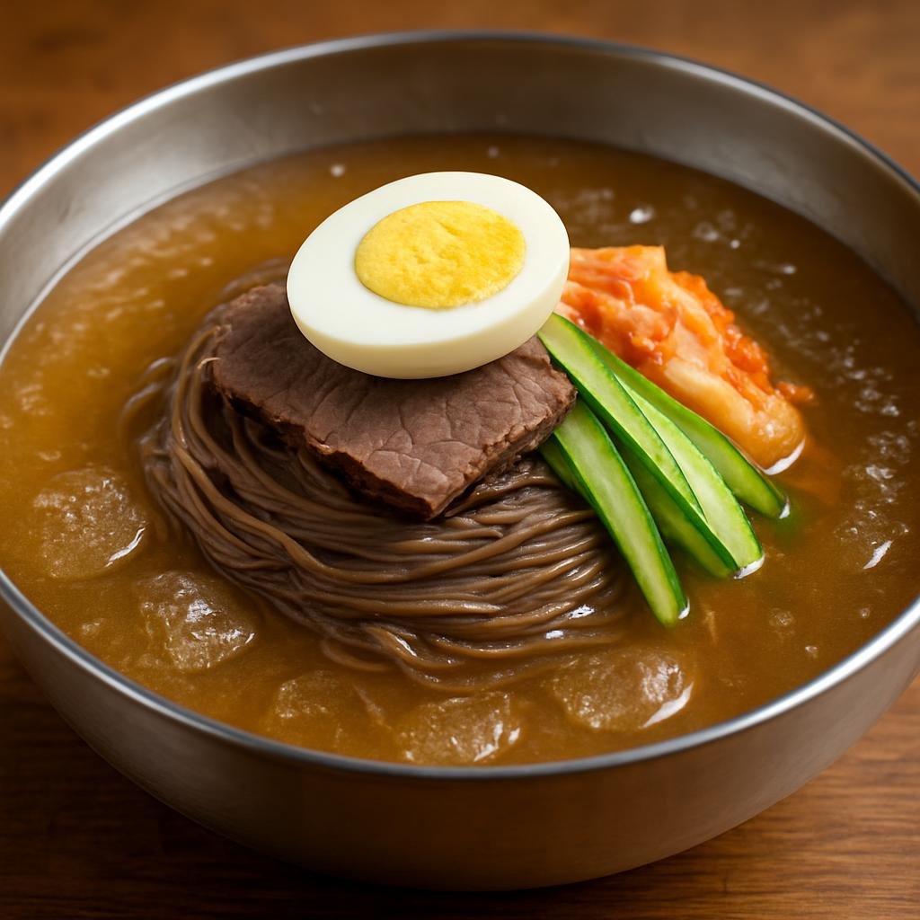 Entree: North Korea – Pyongyang – 물냉면 ➤ Mul naengmyeon (Cold buckwheat noodles served in an icy, tangy beef and radish kimchi broth with sliced cold beef and pickled garnishes) recipe