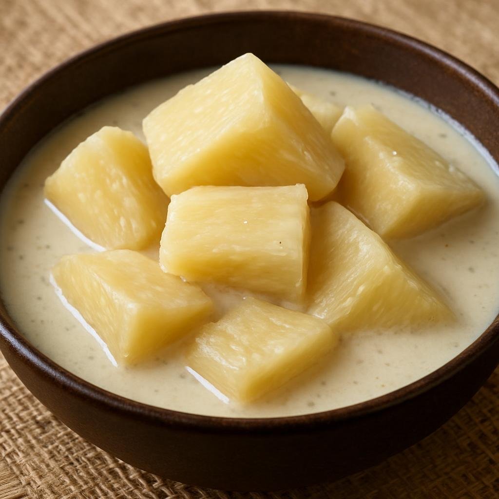 Entree: Papua New Guinea – Southern Culinary Region – Cassava and Coconut (Cassava simmered and served in creamy coconut milk, a simple starchy main) recipe