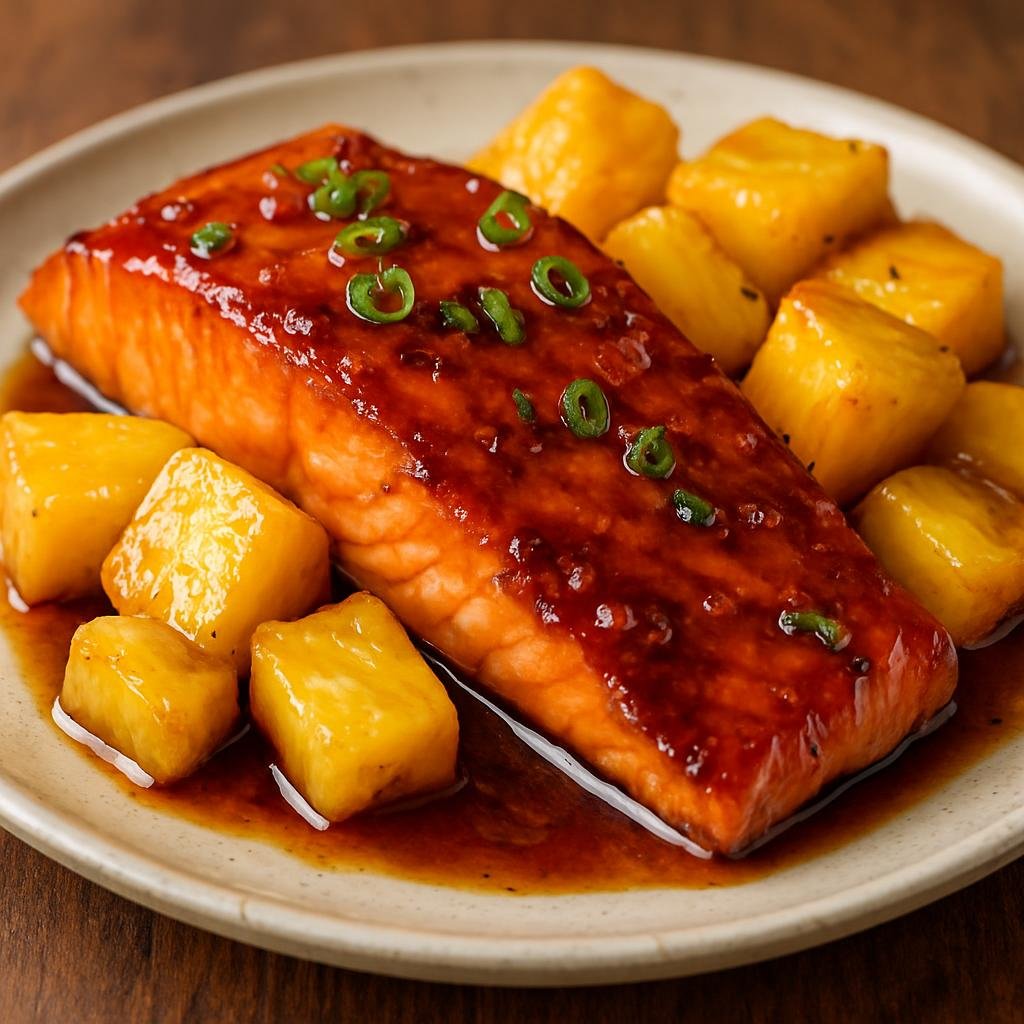 Entree: Pitcairn – Southern Culinary Region – Pineapple Teriyaki Salmon (Salmon fillets glazed with a sweet teriyaki sauce and fresh pineapple) recipe