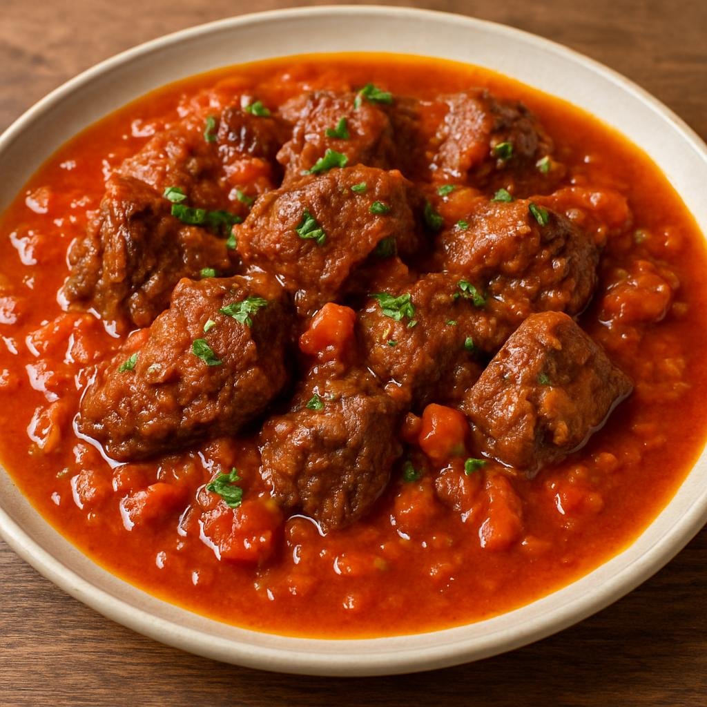 Entree: Republic of the Congo – Southern Culinary Region – Bœuf à la Congolaise (Congolese-style braised beef in a tomato and palm oil stew) recipe