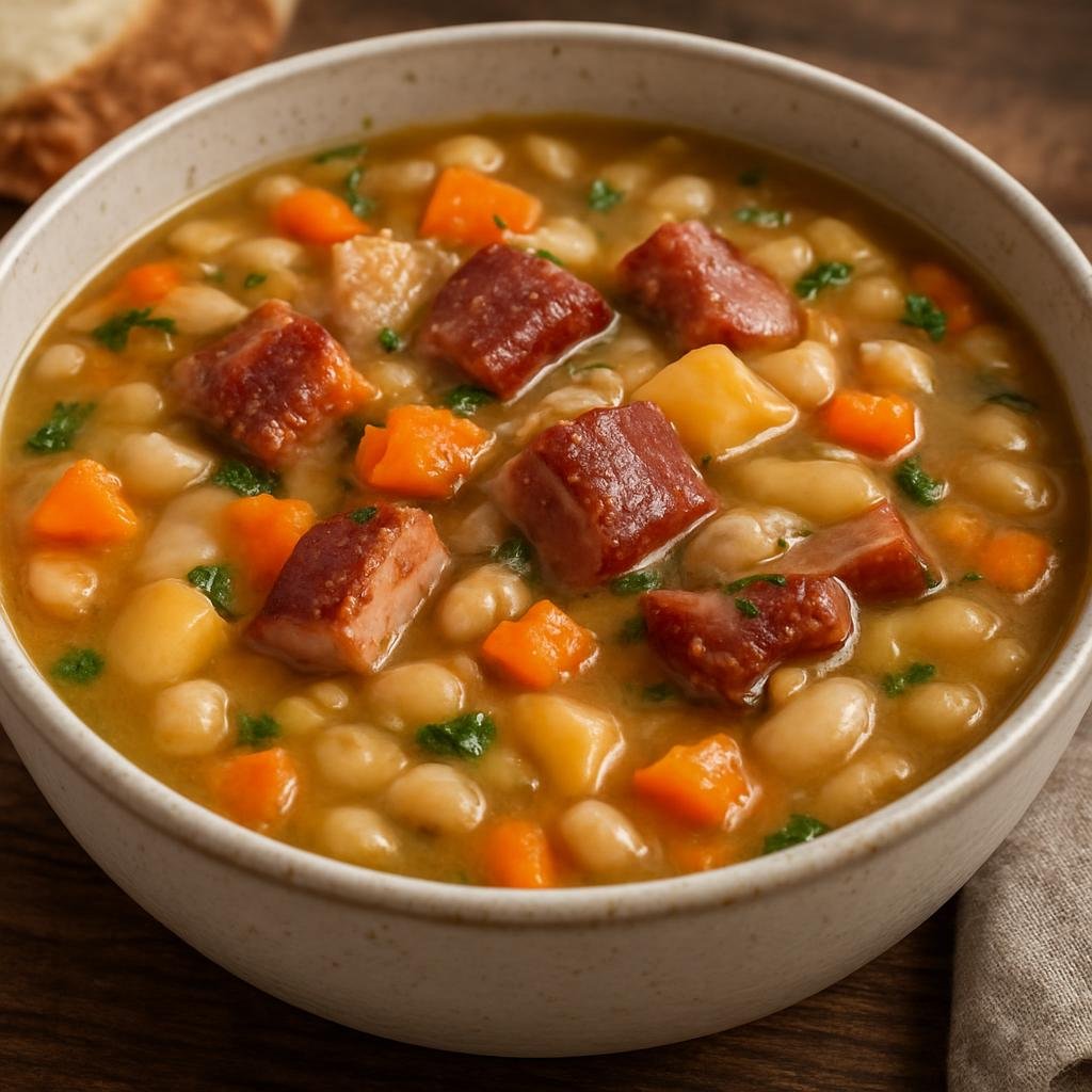 Entree: Slovakia – Southern Culinary Region – Fazuľová Polievka s Údeným (Hearty white bean soup with smoked pork and root vegetables) recipe