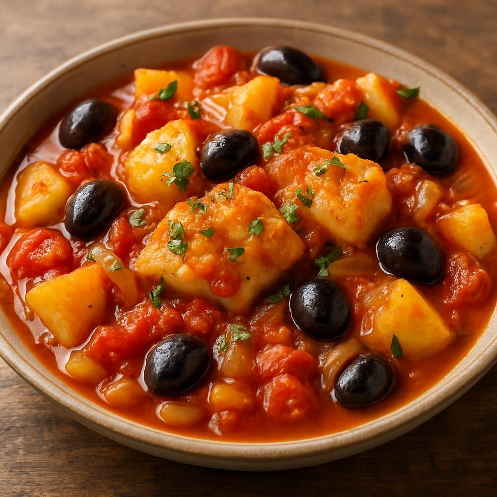 Entree: Svalbard and Jan Mayen – Southern Culinary Region – Bacalao (Norwegian Cod Stew) (Salted cod stew braised with tomatoes, potatoes, onions, and olives) recipe