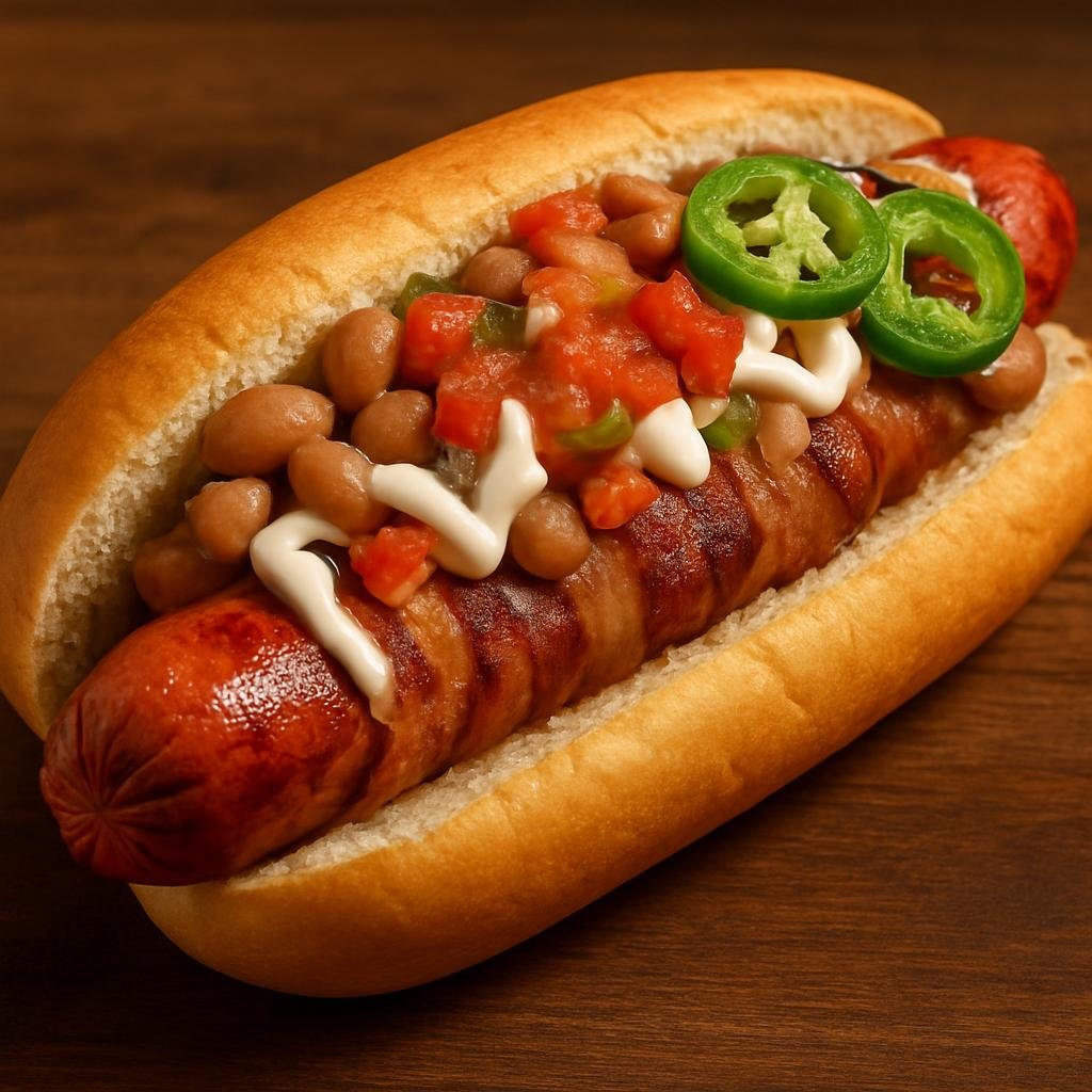 Entree: United States – Arizona-Sonoran – Sonoran Hot Dog (Bacon-wrapped grilled hot dog served in a soft roll and topped with pinto beans, chopped vegetables, jalapeño, mayonnaise and salsa) recipe