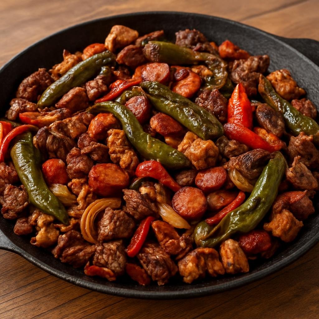 Entree: Mexico – Chihuahua & Northern Mexico – Discada (Mixed griddle of various grilled meats and peppers cooked together on a plow-disc pan) recipe