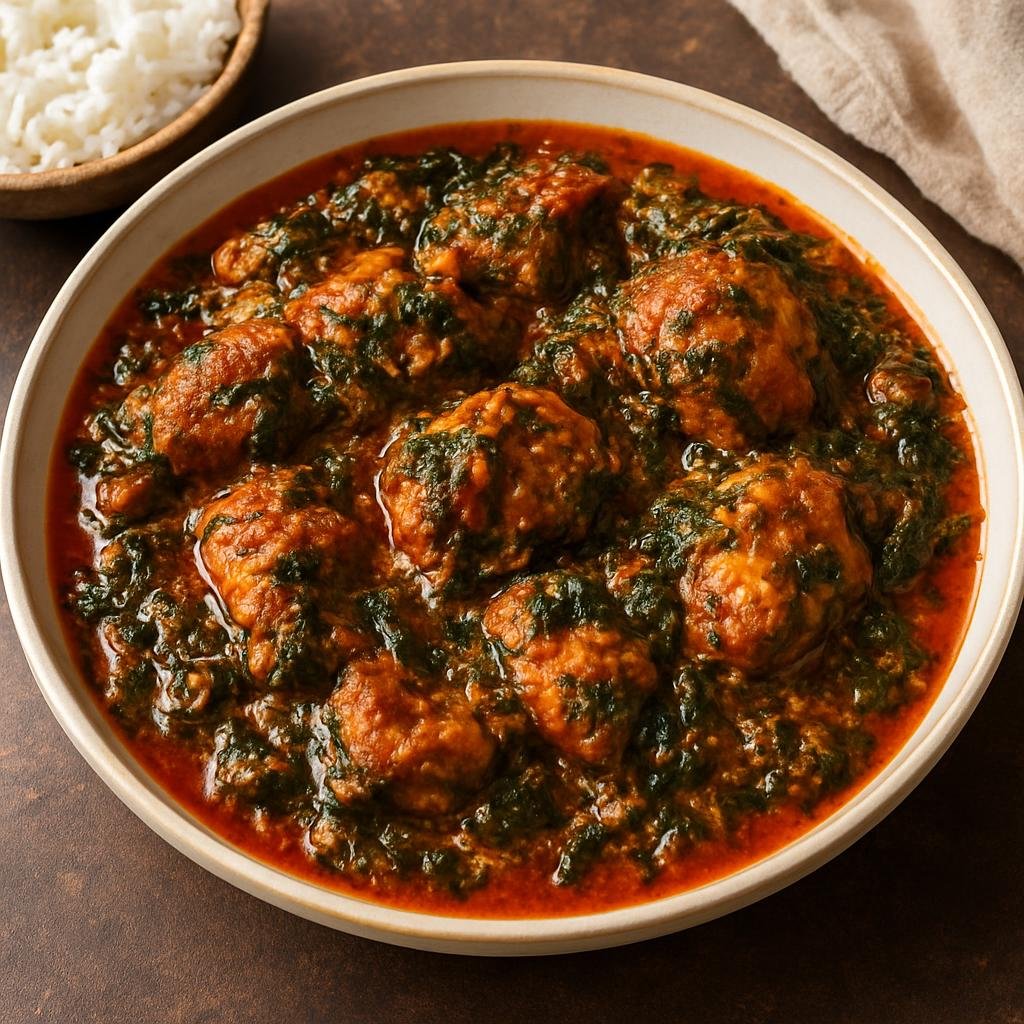 Entree: Nigeria – Igbo Southeast – Ofe Akwu (Igbo palm‑nut stew of meat or chicken cooked in red palm oil with spices and leafy greens) recipe