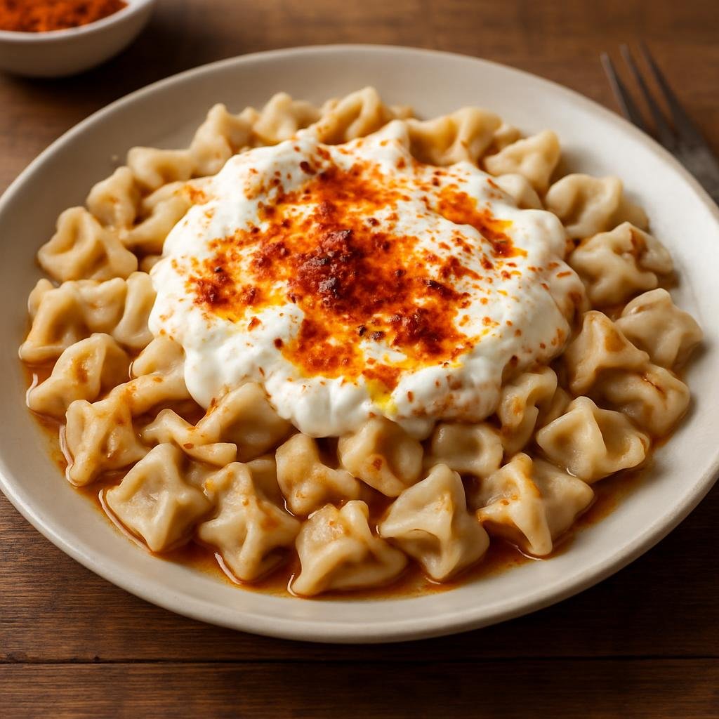 Entree: Turkey – Central Anatolia – Mantı (Small Turkish meat-filled dumplings served with garlic yogurt and spiced butter) recipe
