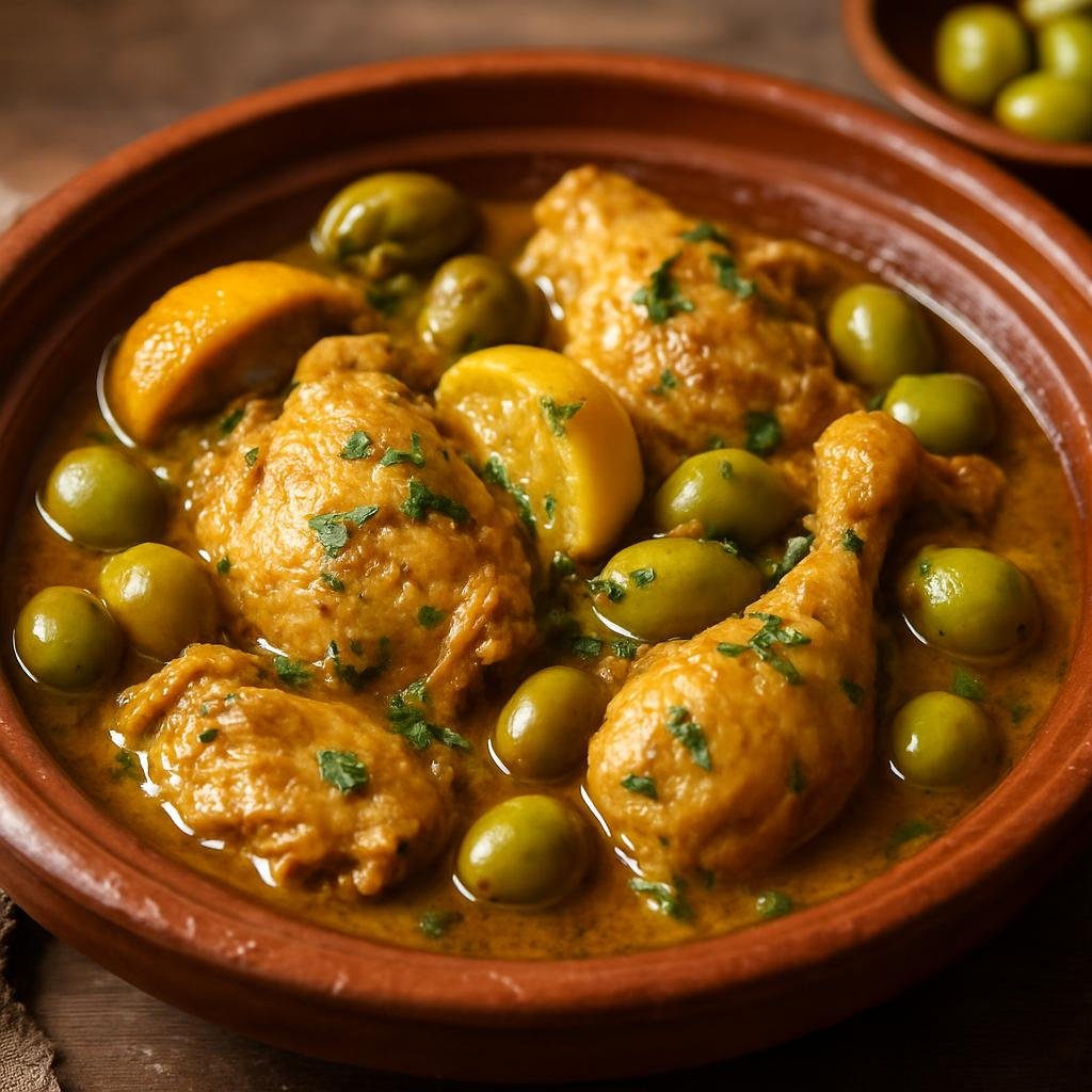 Entree: Morocco – Fez – طاجين الدجاج بالليمون المخلل والزيتون ➤ Tajīn al-dajāj bil-laymūn al-mukhallal wa al-zaytūn (Slow-simmered North African chicken stew braised with preserved lemons and olives in a tagine) recipe