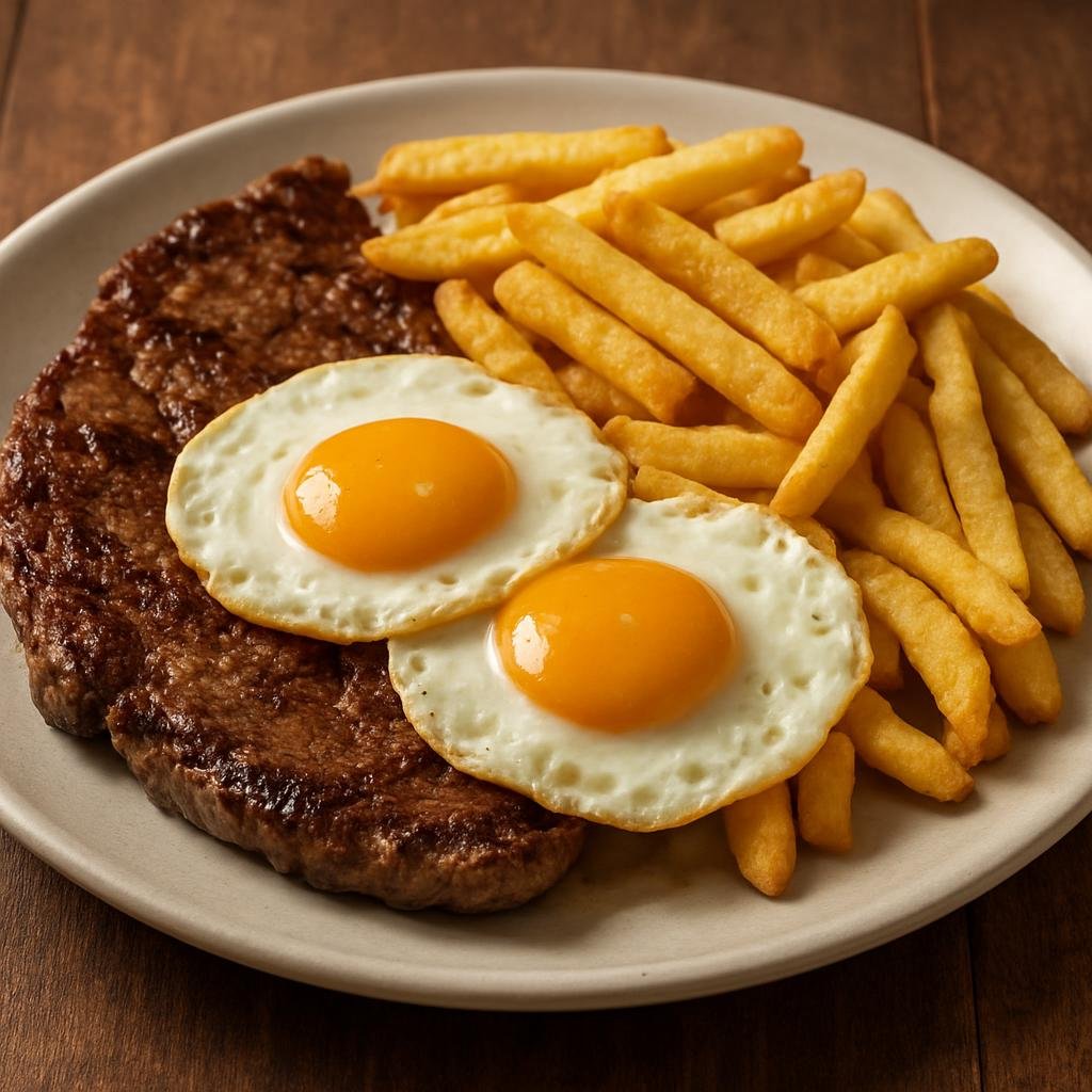 Entree: Chile – Northern Chile – Churrasco a lo Pobre (Thin grilled or pan-seared steak served with fried eggs and French fries in a hearty Chilean style) recipe