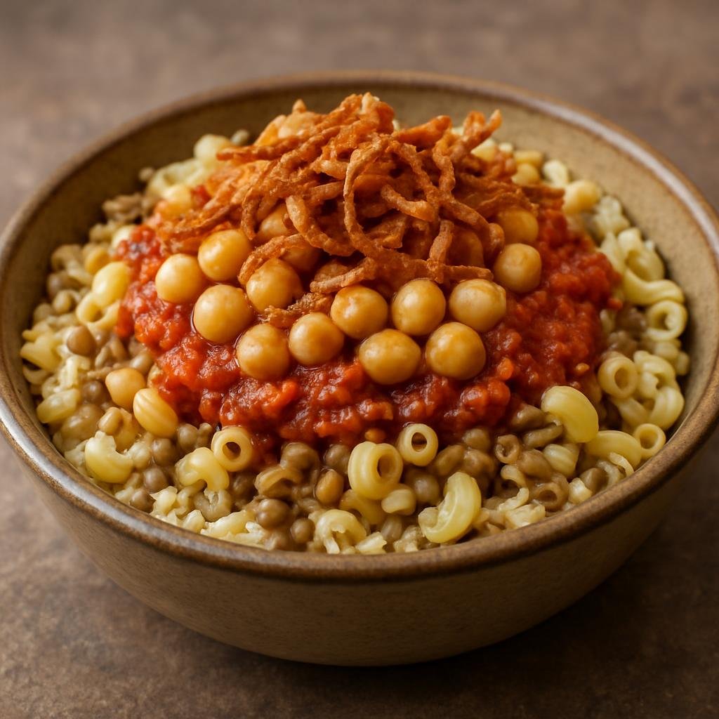Entree: Egypt – Egyptian Street Food – كشري ➤ Koshari (Hearty Egyptian street-food bowl of rice, lentils, pasta, spiced tomato-vinegar sauce, chickpeas, and crispy fried onions) recipe