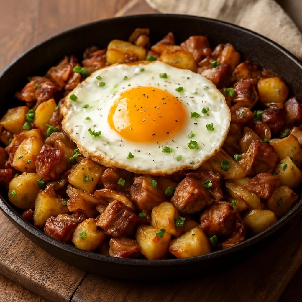 Entree: Austria – Tyrol – Tiroler Gröstl (Hearty Tyrolean fried potato and meat skillet topped with fried egg) recipe