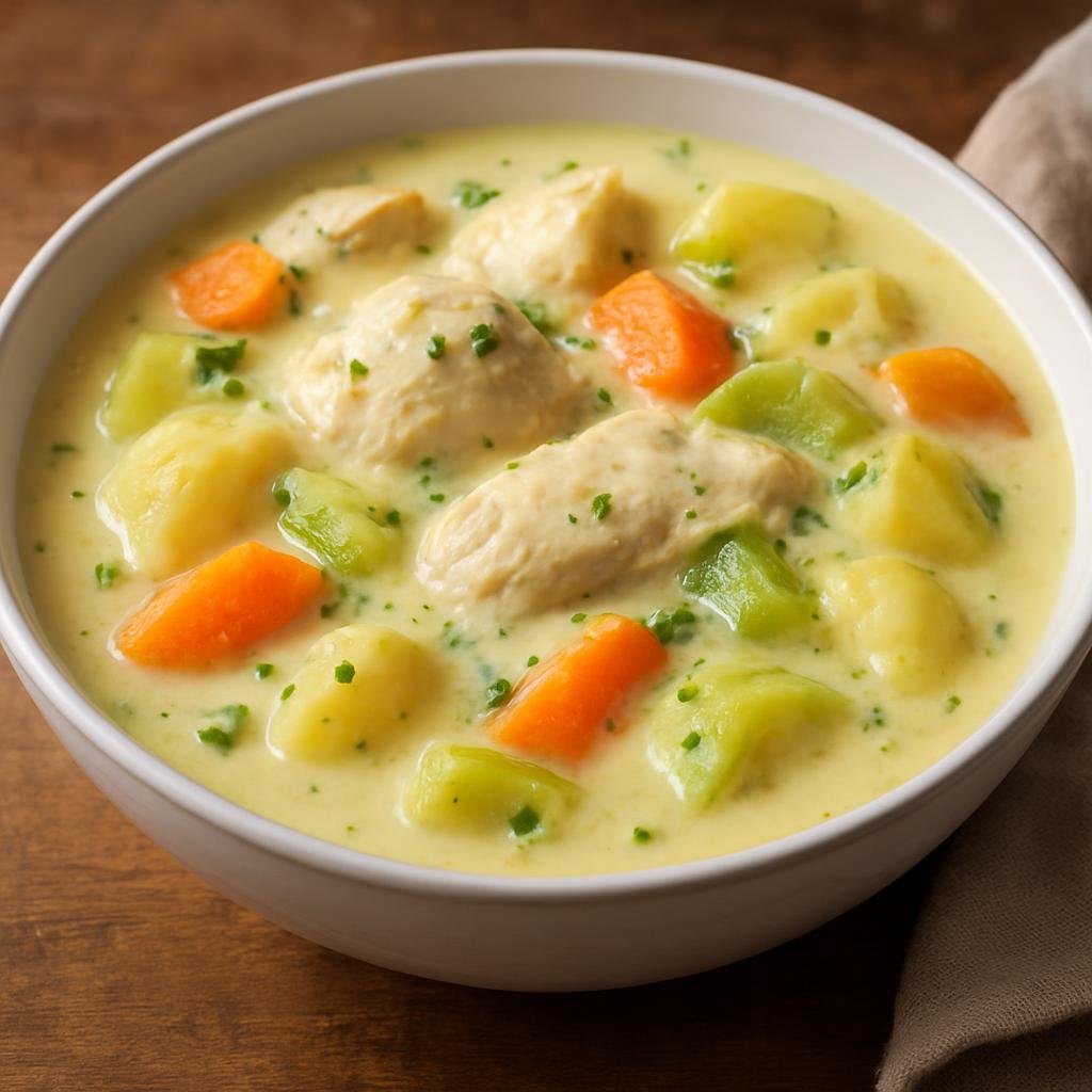 Entree: Belgium – Flanders – Waterzooi (Flemish creamy stew of poached chicken and seasonal vegetables finished with a cream and egg-yolk liaison) recipe