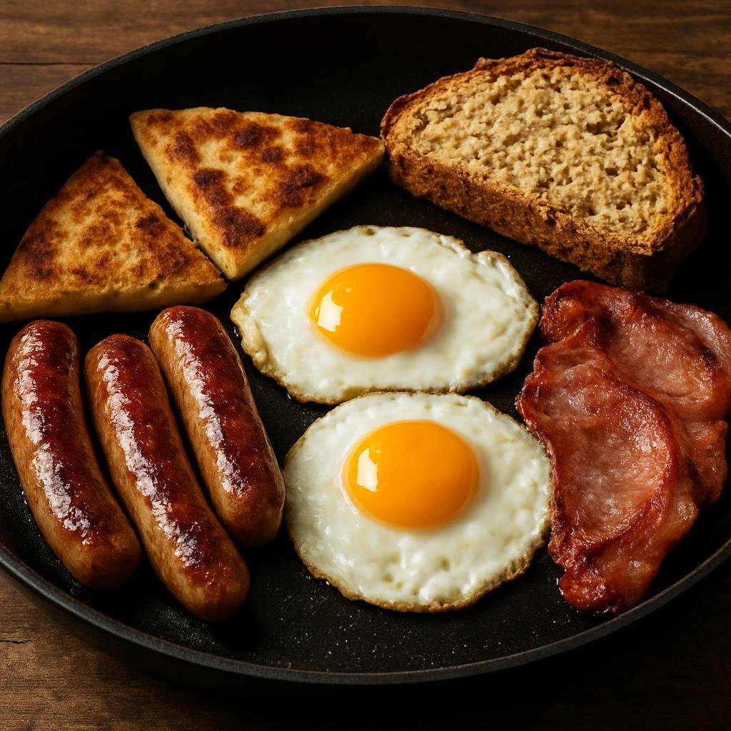Entree: Ireland – Ulster / Northern Border – Ulster Fry (Hearty Northern Irish fried meal of eggs, bacon, sausages, soda bread and potato farls cooked together on a griddle) recipe