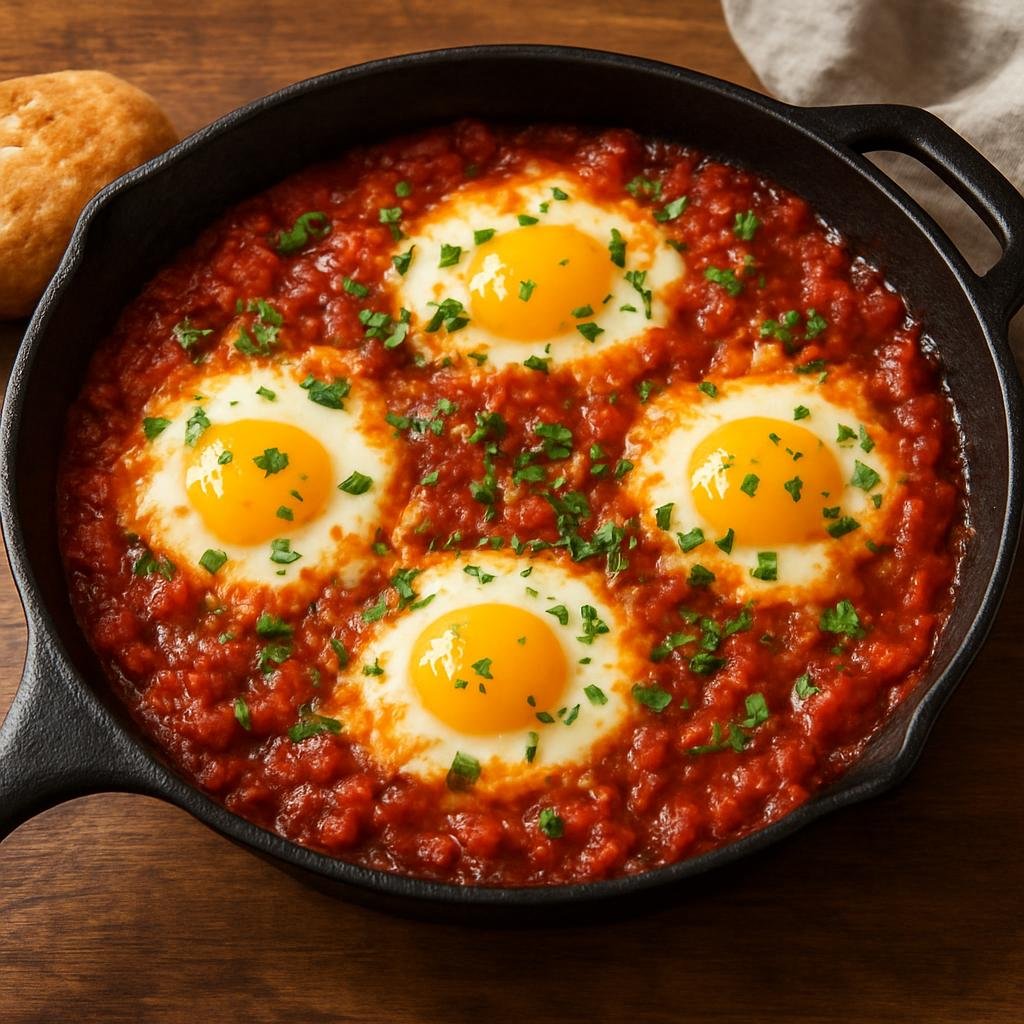 Entree: Israel – Mediterranean Israeli – שקשוקה ➤ Shakshuka (Poached eggs cooked in a spiced tomato and pepper sauce) recipe