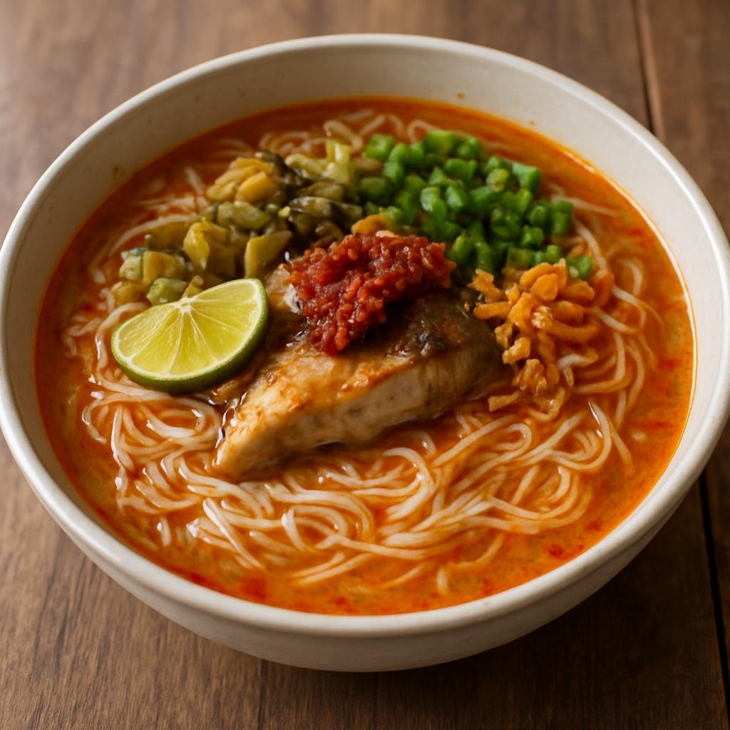 Entree: Myanmar – Rakhine Coastal – ရခိုင်မုန့်ဒီ ➤ Rakhine Mont Di (Spicy-sour Rakhine rice vermicelli noodle dish with a fish-based broth and savory garnishes) recipe