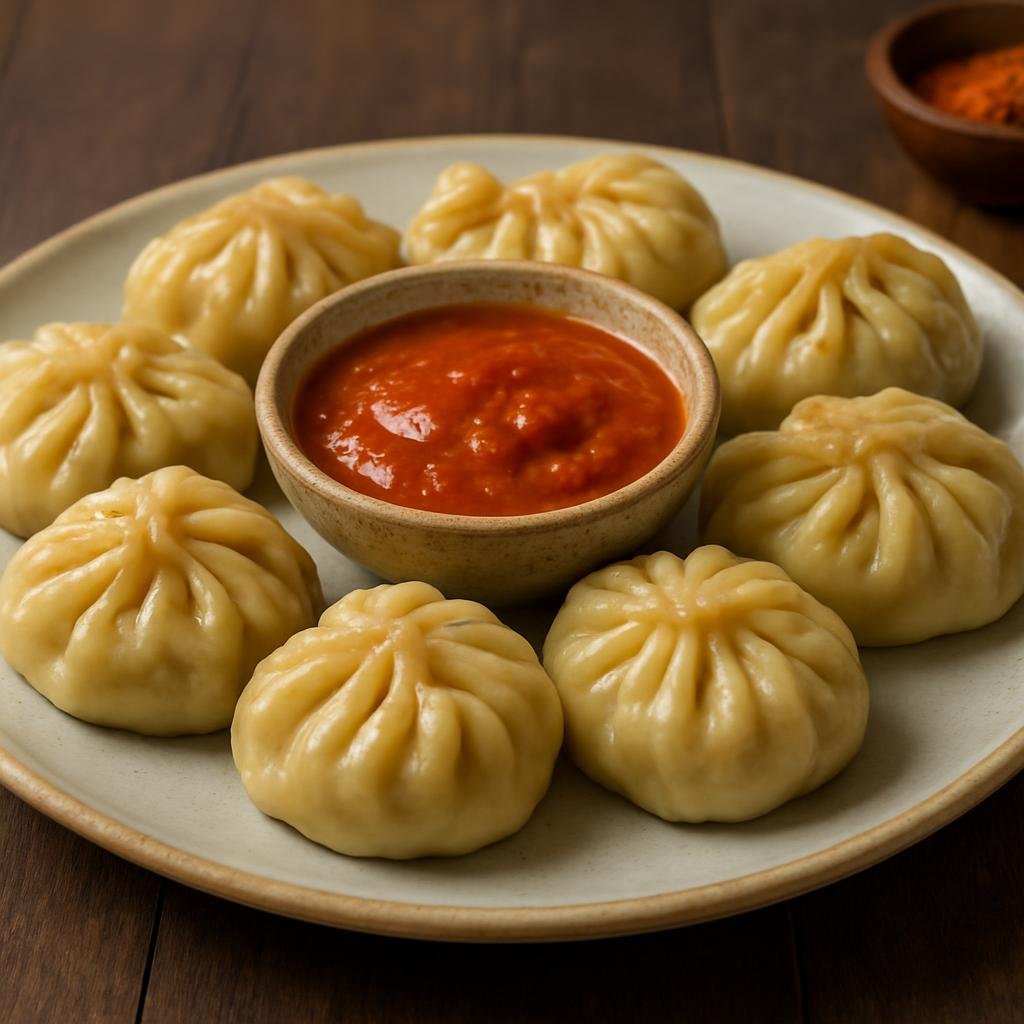 Entree: Nepal – Terai Lowlands – मोमो ➤ Momo (Nepalese stuffed dumplings filled with spiced meat or vegetables, typically steamed and served with a spicy tomato-ginger chutney) recipe