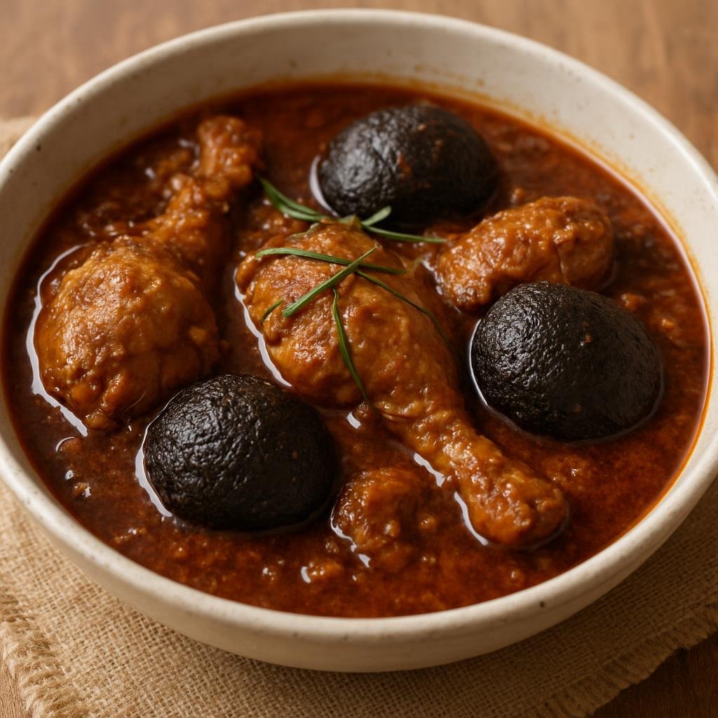 Entree: Singapore – Peranakan Singapore – Ayam Buah Keluak (Peranakan chicken stew braised with black keluak nuts in a tangy-spiced gravy) recipe