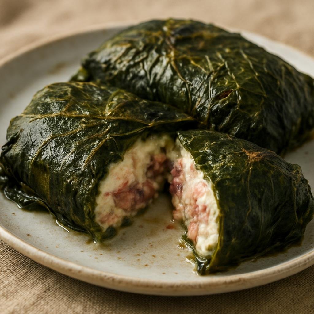 Entree: American Samoa – Southern Culinary Region – Palusami (Baked taro leaf parcels filled with coconut cream and often corned beef) recipe
