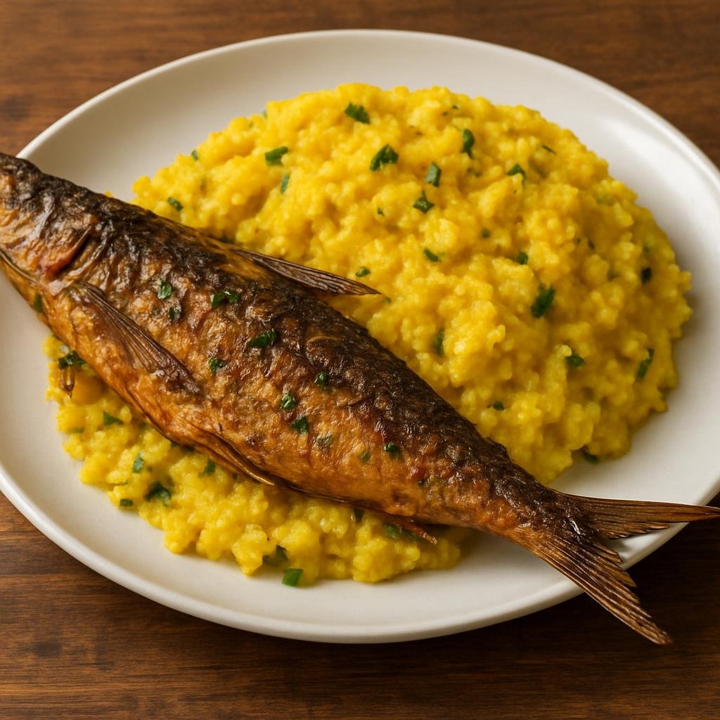 Entree: Barbados – Southern Culinary Region – Flying Fish and Cou-Cou (Barbadose national meal of seasoned flying fish served with cou-cou, a savory cornmeal and okra polenta) recipe